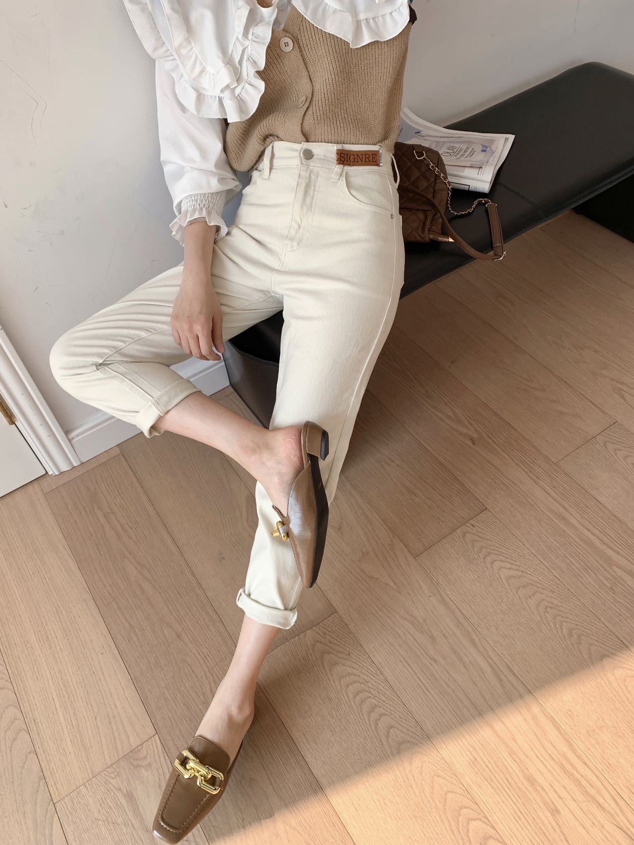 zoe杏色牛仔裤子直筒小个子裤子女八分牛仔裤女款春夏款显瘦显高