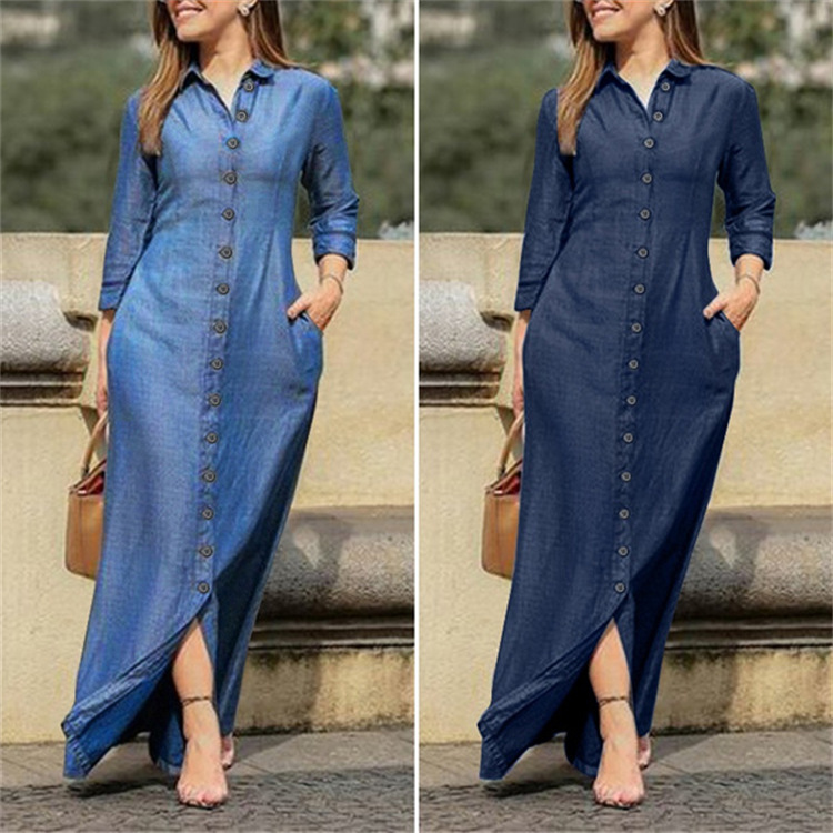 2022 European and American Fall Women's Clothing Elegant Fashion Unisex Style Long Sleeve Lapel Cardigan Solid Color Long Denim Skirt Women Clothes