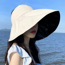 遮阳帽女大沿无顶夏季抗uv防晒帽遮脸新款黑胶空顶贝壳帽太阳帽子