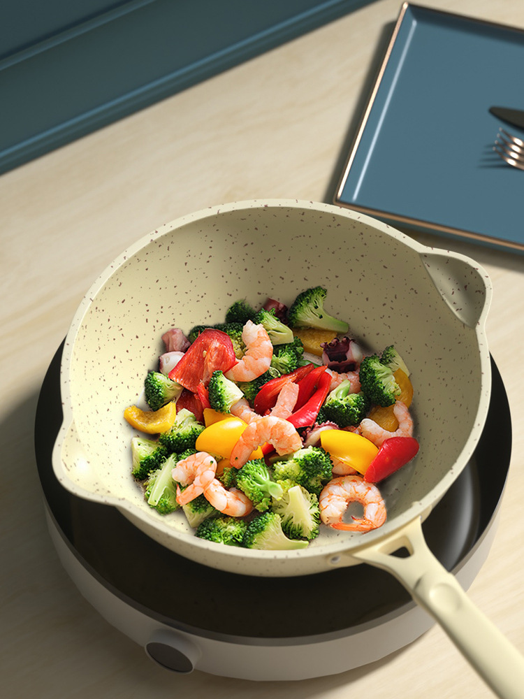 麦饭石小炒锅小型单人炒菜锅家用一人两电磁炉专用无烟平底不粘锅