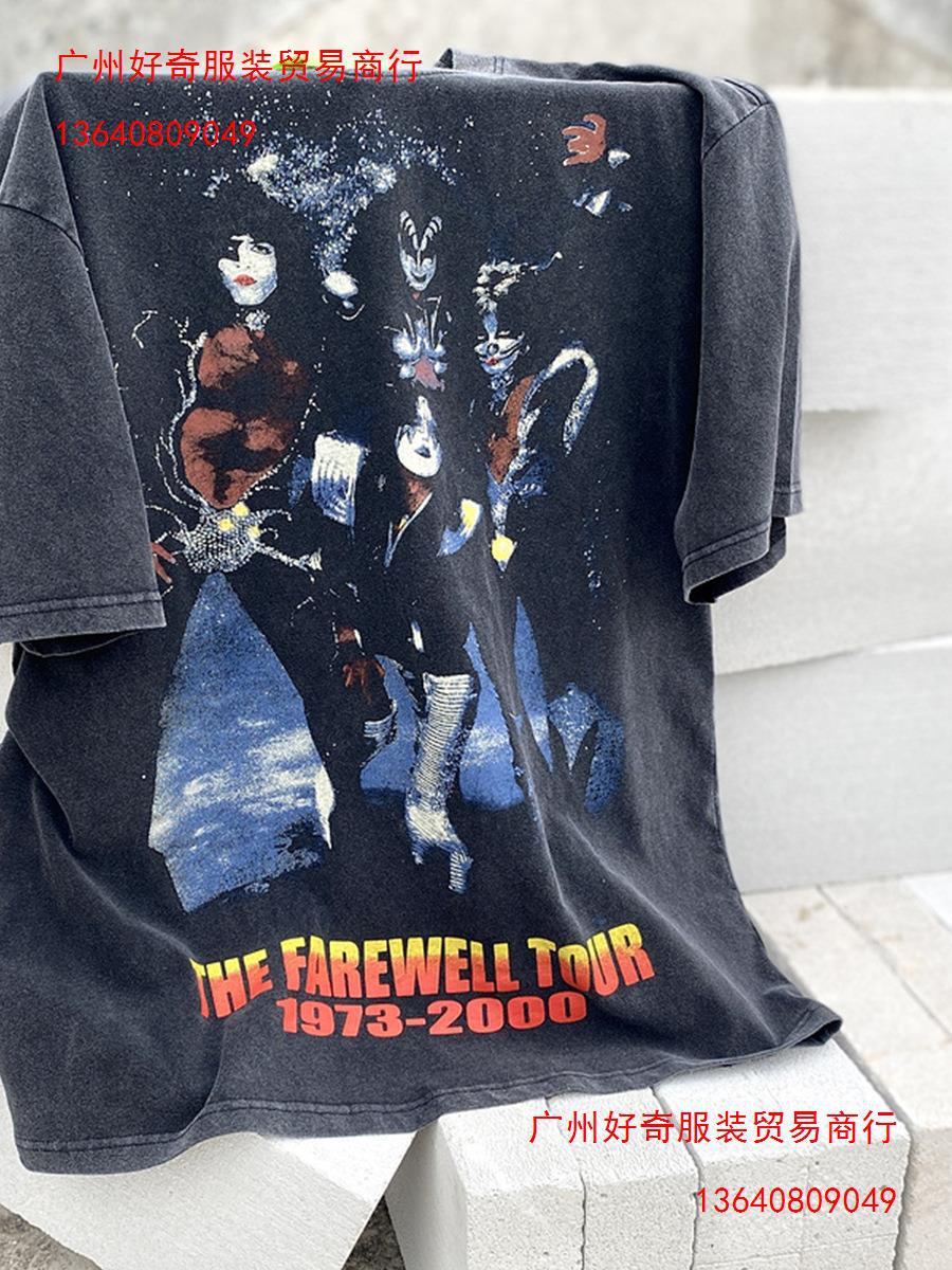 kiss圣诞巡演重金属摇滚乐队vintage古着做旧高街小众vtg短袖t恤