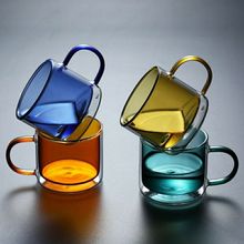 高硼硅彩色双层玻璃杯小清新咖啡牛奶早餐杯 带把果汁玻璃水杯