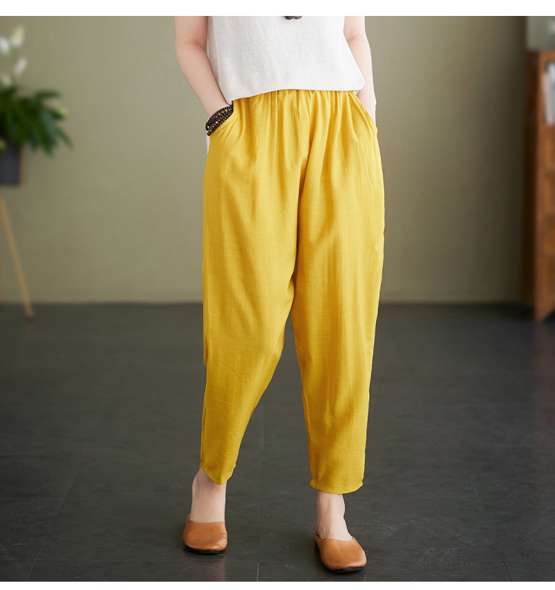 Pure Cotton and Linen Cropped Pants 2023 Summer Thin Women's Pants Loose Large Size Mother Elastic Waist Casual Pants Harem Pants Women