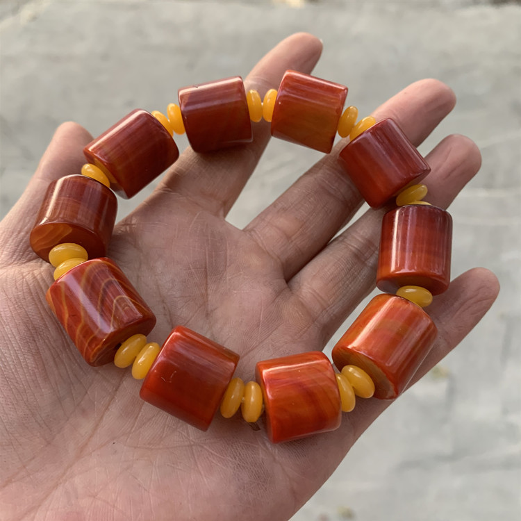 战国红手链缠丝玛瑙桶珠手串男士原石手链波纹鼓珠宣化战国红手串