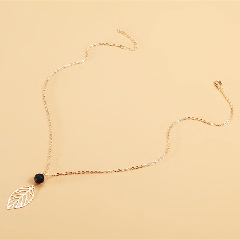 欧美跨境时尚女士饰品高颜值火山石系列锁骨链熔岩珠树叶吊坠项链