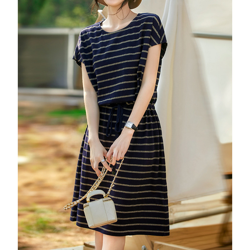 日韩外贸 2024夏季新款海军风亮丝条纹 系带 显瘦飞飞袖棉连衣裙