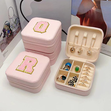 简约刺绣字母款珠宝盒PVC饰品盒旅行便携式耳钉项链收纳盒子现货