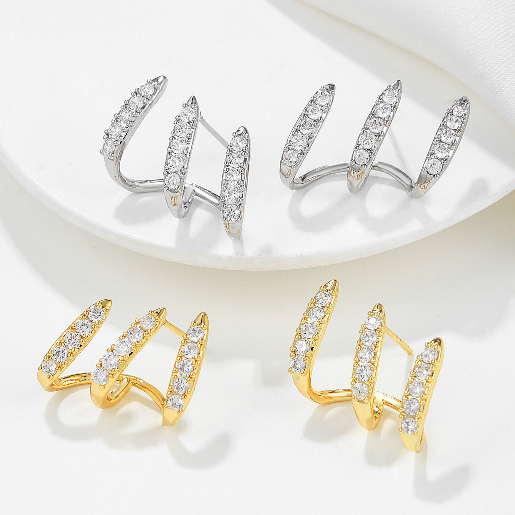 korean style special-interest design personalized creative three-claw earrings female temperament light luxury micro zircon-encrusted stud earrings cross-border hot sale