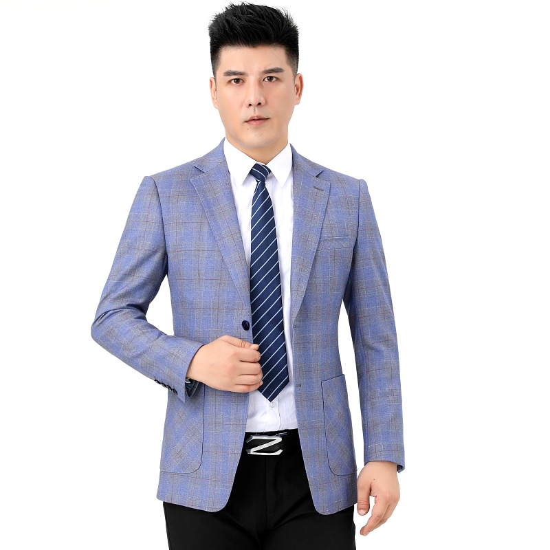 2023秋冬季新款西服中年男士时尚休闲修身格子单西外套爸爸装便服