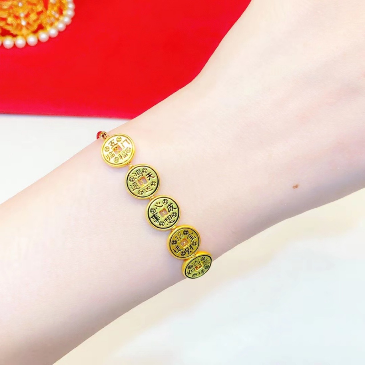 黄金钱币手绳水贝珠宝五帝钱半绳半链足金999手链
