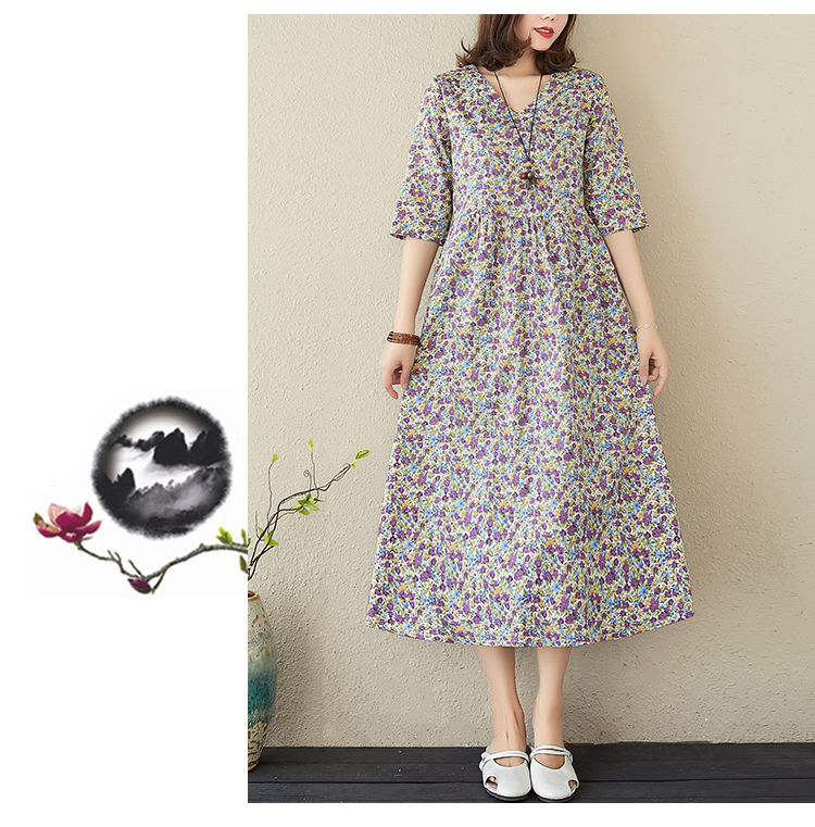 棉麻连衣裙2020夏新碎花裙宽松显瘦全棉府绸印花复古v领大码长裙