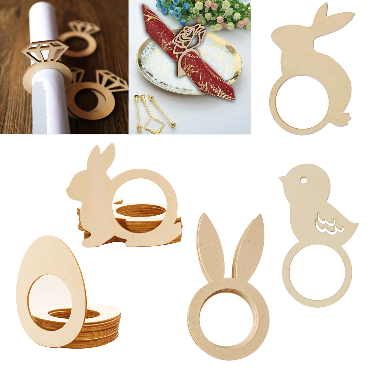 复活节木片餐巾环餐桌用品DIY家居复活节派对装饰兔子鸡蛋纸巾圈