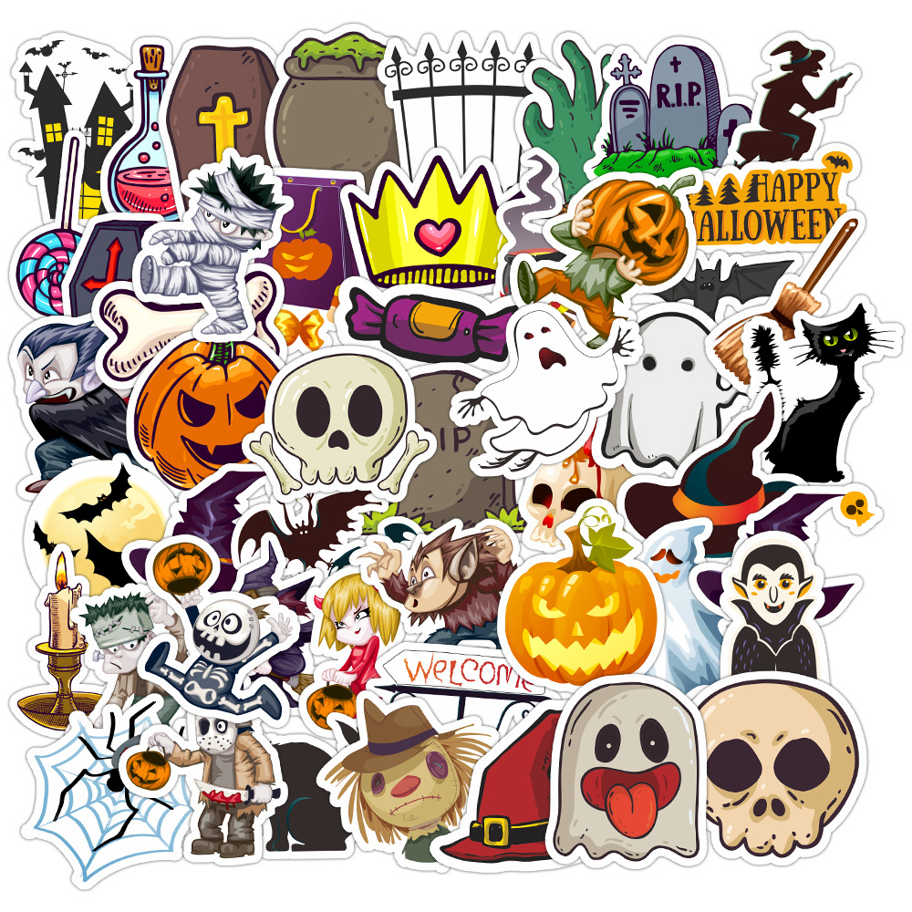 50张卡通可爱万圣节南瓜节日气氛装饰涂鸦贴纸防水杯子头盔划板贴