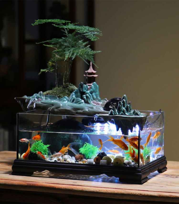 玻璃鱼缸流水摆件养鱼循环水假山喷泉微景观客厅办公乔迁开业礼品