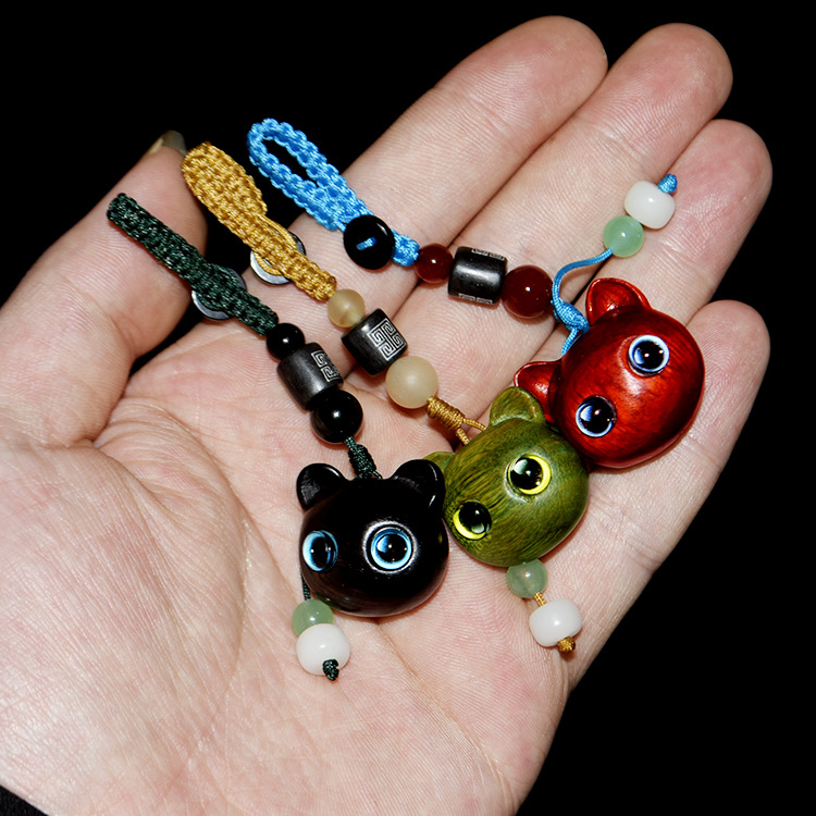 小叶紫檀木雕小猫咪挂件红木立体镶嵌猫头吊坠木头木质钥匙扣项链