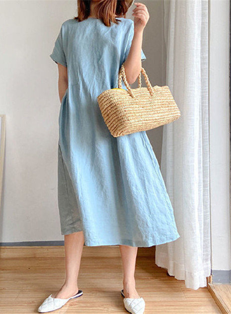 2024 New Amazon Independent Station Leisure Spring and Summer Loose Dress Short Sleeve round Neck Solid Color Cotton Linen Dress