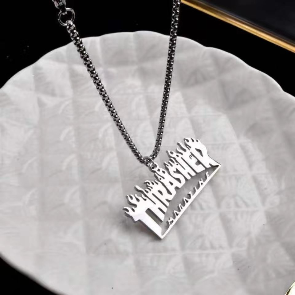 抖音同款thrasher火焰嘻哈钛钢项链男女百搭简约长款毛衣链配饰潮