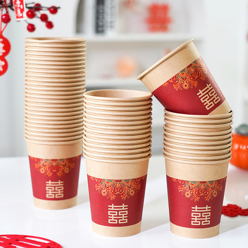 Wedding Paper Cup Wedding Banquet Thickened Disposable Wedding Cup Household Wedding Red Festive Water Cup Wedding Supplies Complete Collection