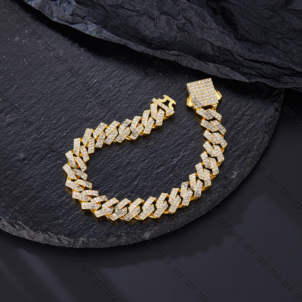 Cross-Border Hip Hop New Arrival Bar Cuban Link Chain 12mm Alloy Rhinestone High Quality All-Matching Hip Hop Necklace One Piece Dropshipping