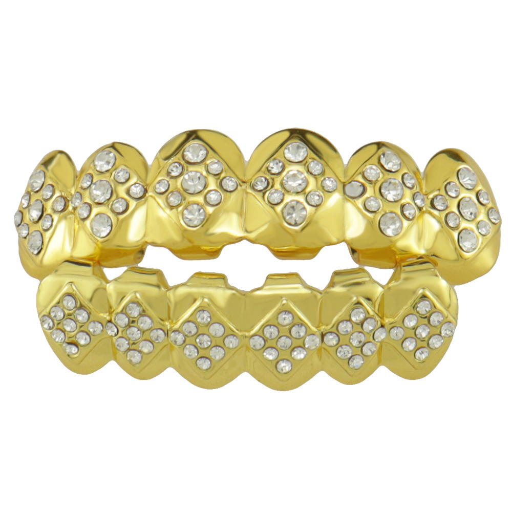 跨境嘻哈配饰品hiphop方形镶钻金牙套镀金grillz说唱牙套亚马逊潮