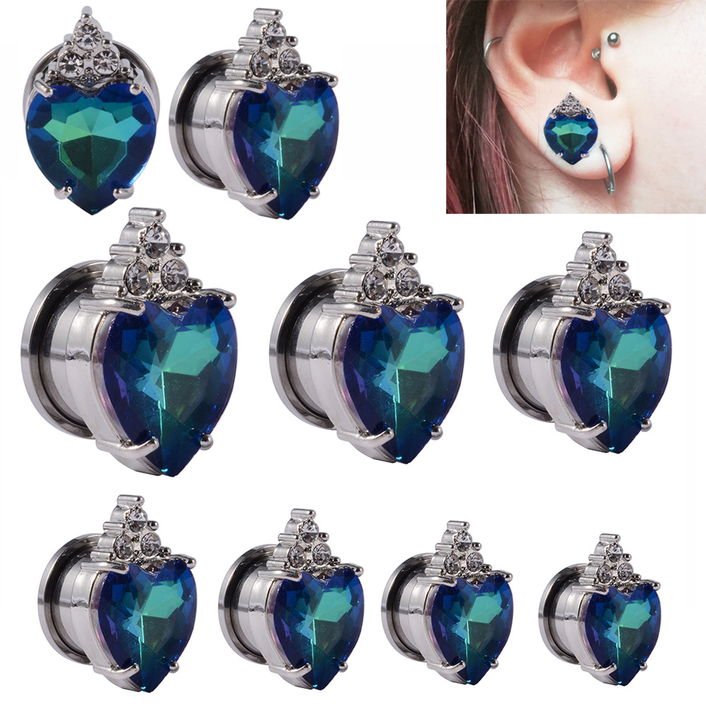 跨境新款不锈钢镶钻滑轮耳廓心形亚克力蓝色幻彩耳扩人体穿刺耳饰