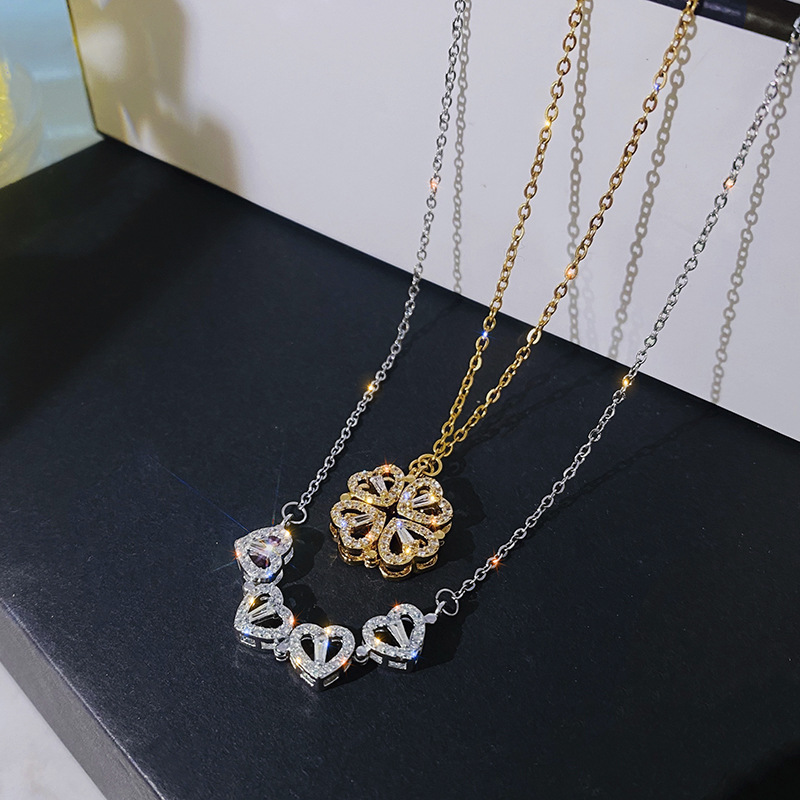 Multiple Ways to Wear Clover Titanium Steel Necklace Women's Design Sense High Sense Light Extravagant Love Heart Clavicle Chain Ins Tide Necklace