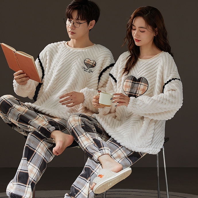New Long-Sleeved Couple Flannel Pajamas Women Can Wear outside Thermal Coral Fleece Homewear Thickened Men's Suit Winter