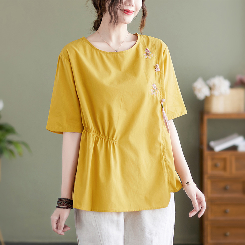 实拍短袖棉麻上衣盘扣文艺复古棉麻t恤小衫宽松刺绣春夏新款-阿里巴巴
