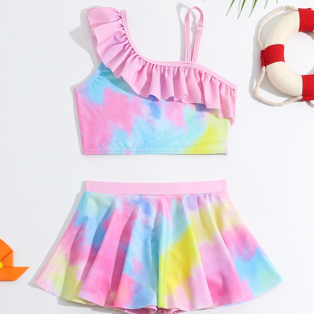 2024新款儿童泳衣彩虹女童分体泳衣两件套时尚中大童公主裙式泳装