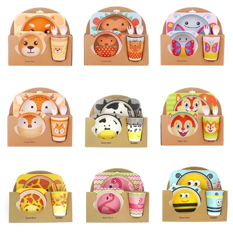 Creative Cartoon Bamboo Powder Bamboo Fiber Children's Tableware Set Five-Piece Set Kindergarten Baby Cartoon Grid Bowl Plate