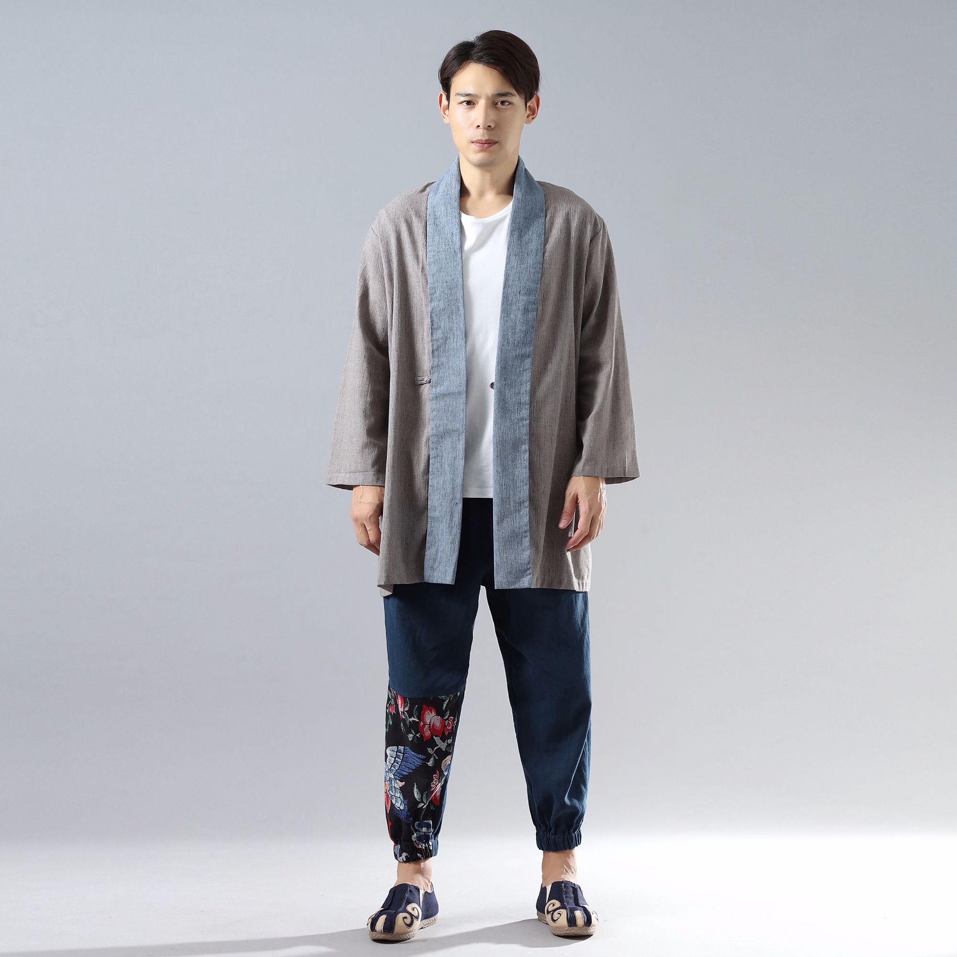 麻凡布衣秋新品棉麻男汉服中式改良开衫拼色上衣衬衫