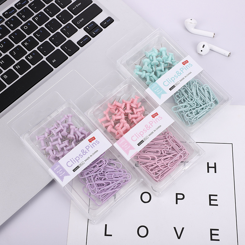 Cross-Border Two-in-One Macaron Color Large Small Size Push Pin Ticket Holder Pin Boat Pin Boxed Office Combination Suit