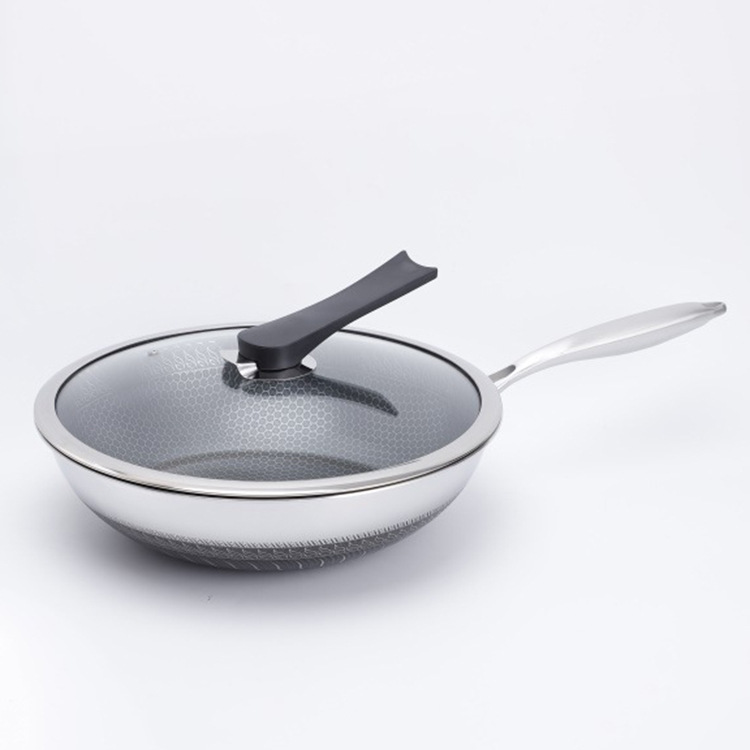 热销蜂窝双面全屏304/316不锈钢炒锅不粘锅家用无涂层三层钢锅具