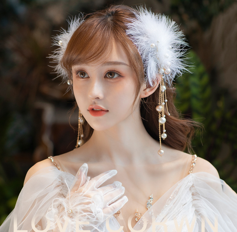 仙气羽毛珍珠发夹古风汉服流苏发饰森系气质新娘头饰公主风边夹