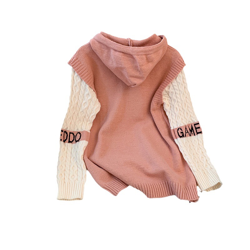 Loose False Two Pieces Hooded Sweater Women's 2023 Korean Style New Autumn Western Style All-Matching Idle Style Knitwear Top