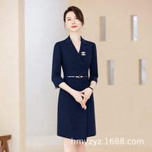 西装领连衣裙职业装修身时尚气质显瘦OL高级感通勤装藏青色七分袖