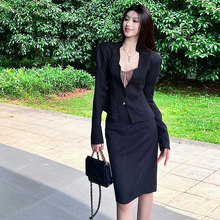 黑色垫肩掐腰西装套装条纹西服一步包臀裙感小众西装两件套