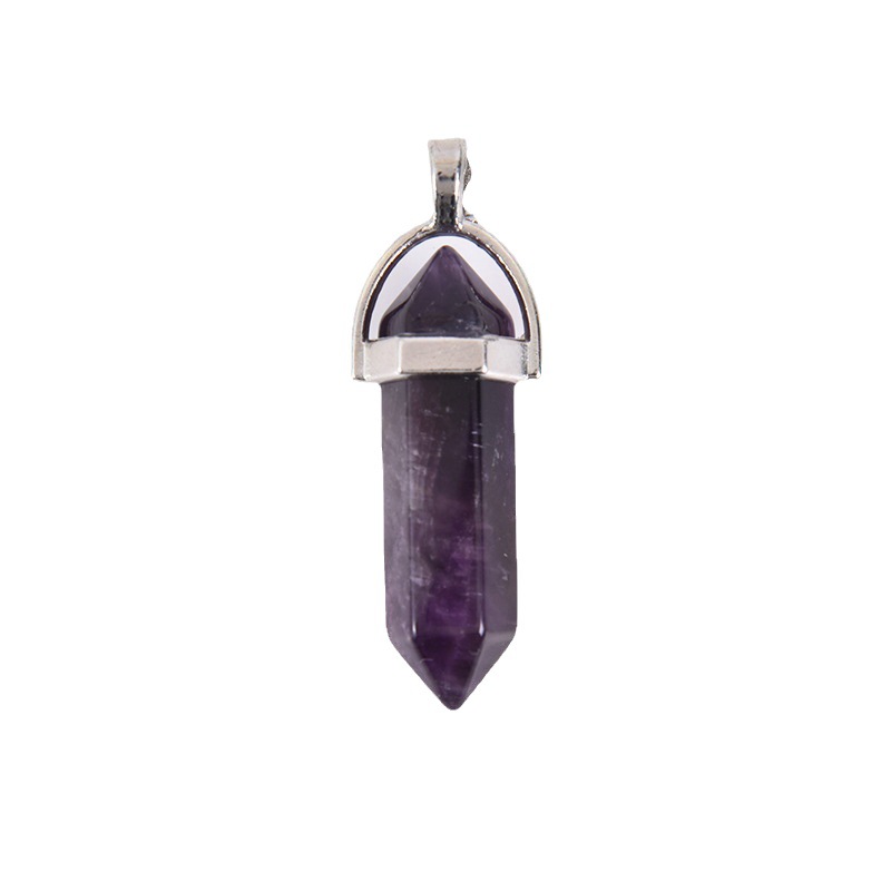 Cross-Border Hot Selling Natural Stone Amethyst Pink Crystal White Crystal Hexagon Prism Pendant Double Pointed Bullet Necklace Wholesale