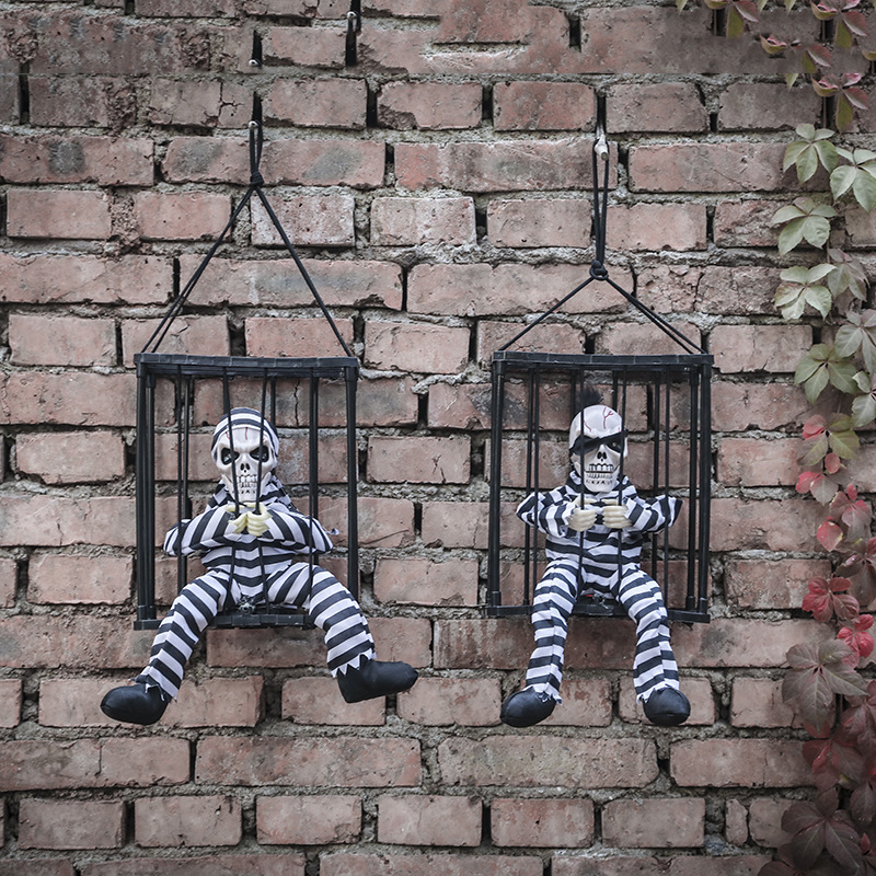 骷髅笼子牢笼鬼囚犯鬼恐怖整蛊笼中监狱鬼电动发光搞怪万圣节玩具