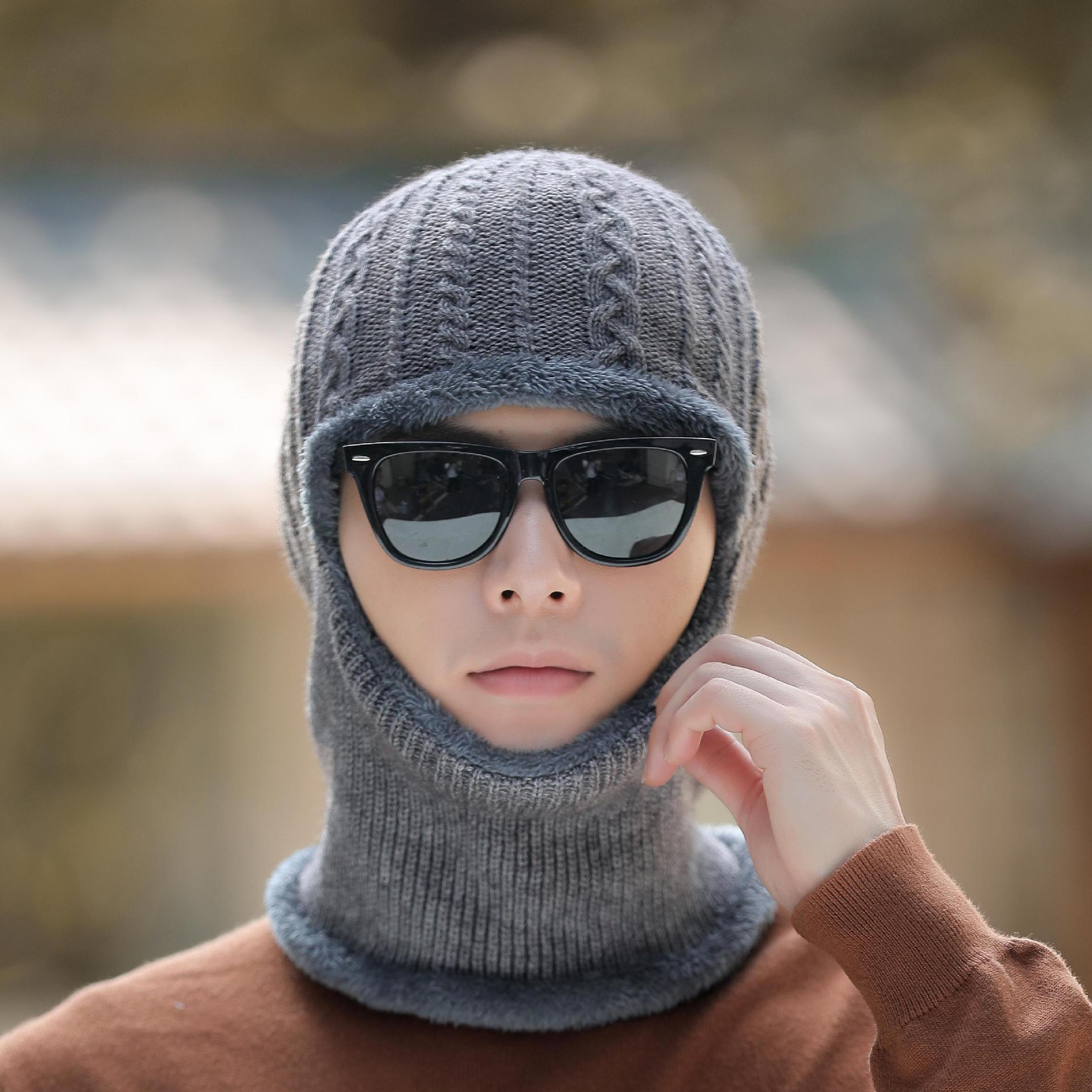 秋冬天加绒套帽男士针织帽子围脖连体护耳毛线帽跨境帽子外贸批发