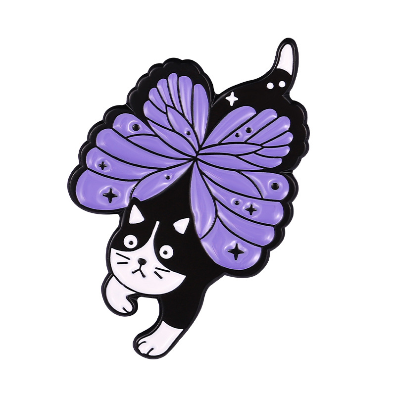 New Cartoon Creative Purple Cat Butterfly Wings Alloy Brooch Cute Clothes and Bags Ornament Badge Wholesale