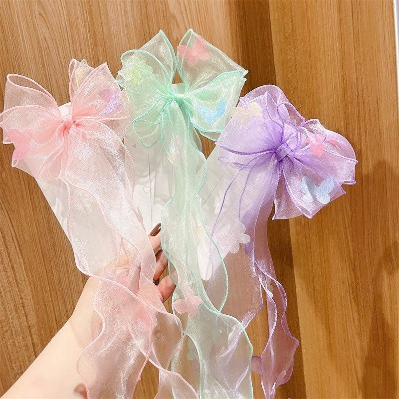 夏季儿童粉色大蝴蝶结发带发夹女童紫色长飘带发卡公主风编发丝带