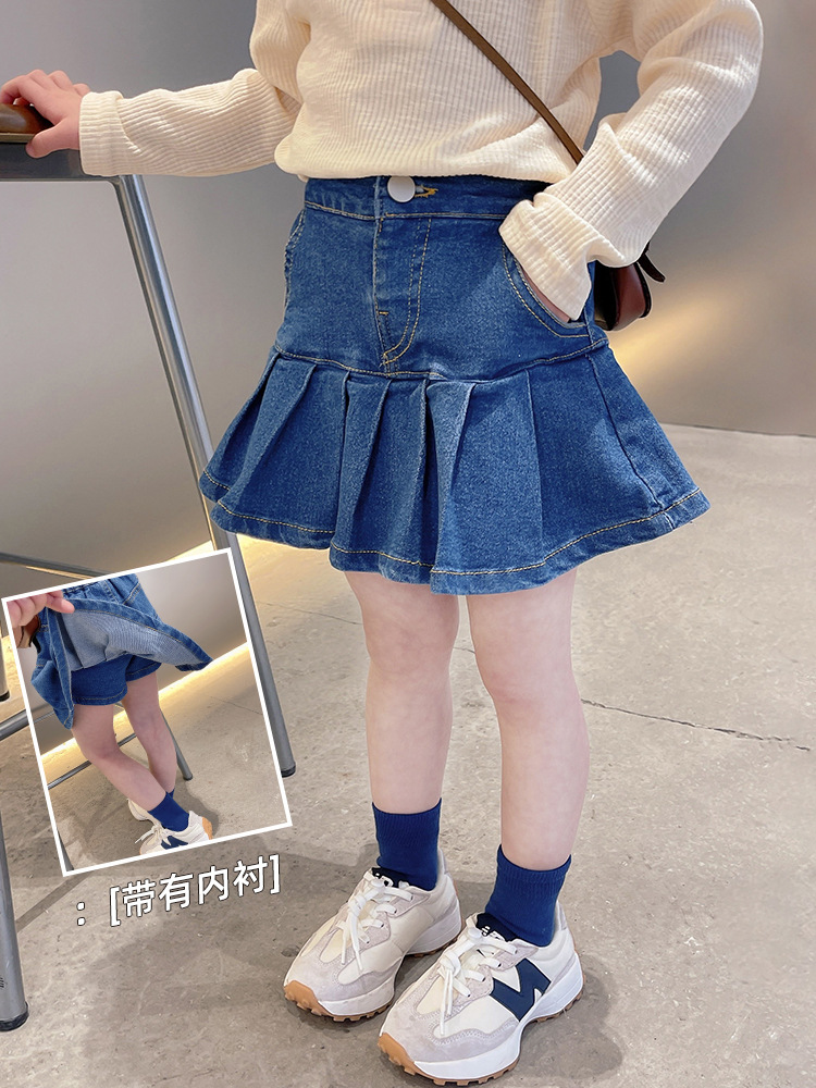 女童牛仔裙子儿童装洋气百褶裙春秋宝宝2022新款女孩夏季半身裙裤