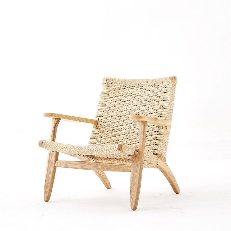 INS Japanese Rattan Solid Wood Sofa Chair Living Room Leisure Chair Rope Backrest Lazy Household Balcony Reading Chair