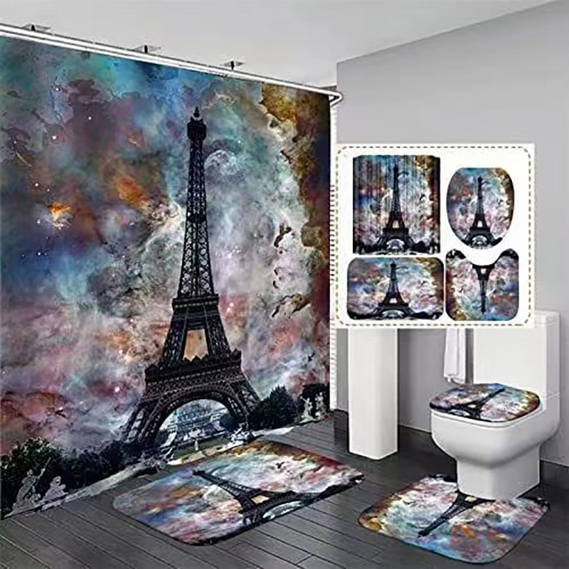 Amazon Waterproof Shower Curtain Polyester Bathroom Shower Curtain Mildew-Proof Geometric Paris Tower Bathroom Curtain Pictures Can Be Used