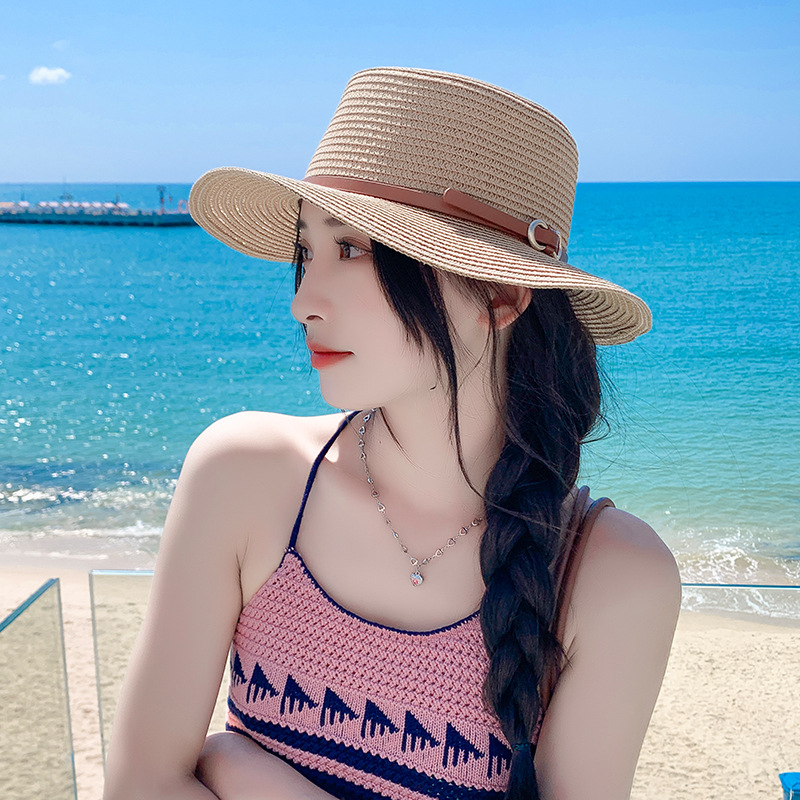 British Style Flat Straw Hat Women's Summer Straw Sun Shade Top Hat Belt Buckle Vacation Seaside Beach Sun Protection Sun Hat