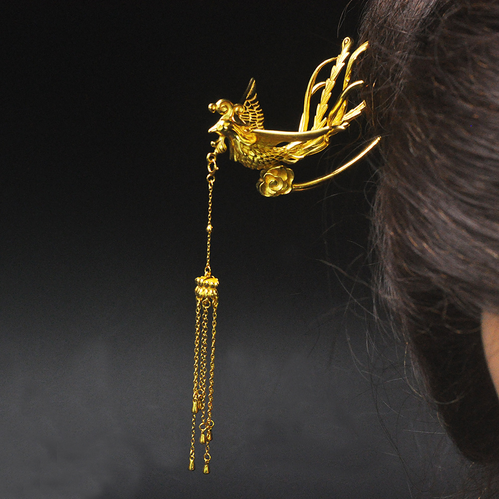 纯银镀厚金大号重版51克凤凰发簪汉服盘发头饰发簪结婚凤簪