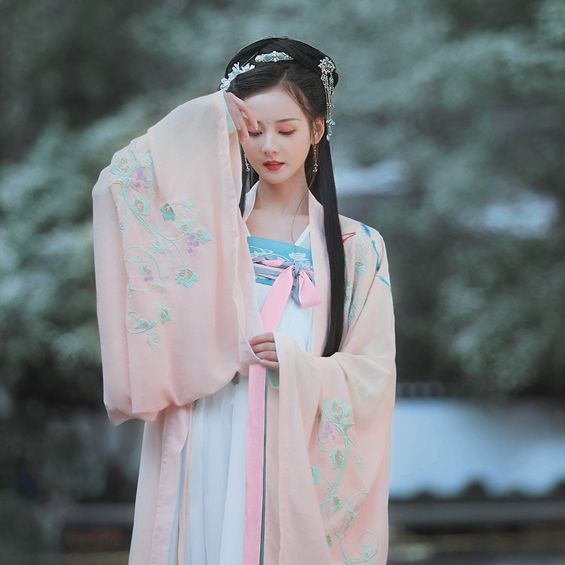实拍海棠花复古齐胸襦裙对襟汉服女改良仙鹤刺绣广袖魏晋风套装女