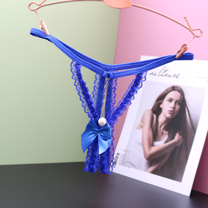 日系透明性感火辣开档情趣丁字裤女低腰蕾丝珍珠免脱诱惑镂空t裤