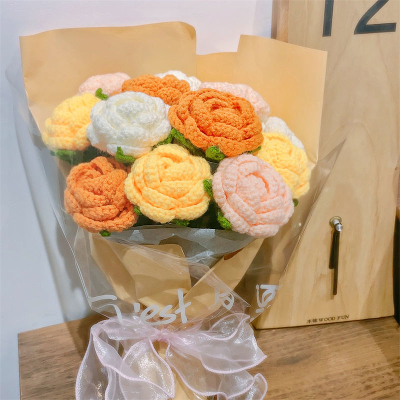 手工花束diy材料包玫瑰花郁金香仿真花编织毛线花节日创意